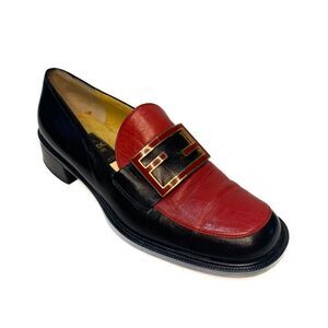 Fendi Baguette FF Logo Black & Red Heeled Slip On Loafers Size 7 Low Heel